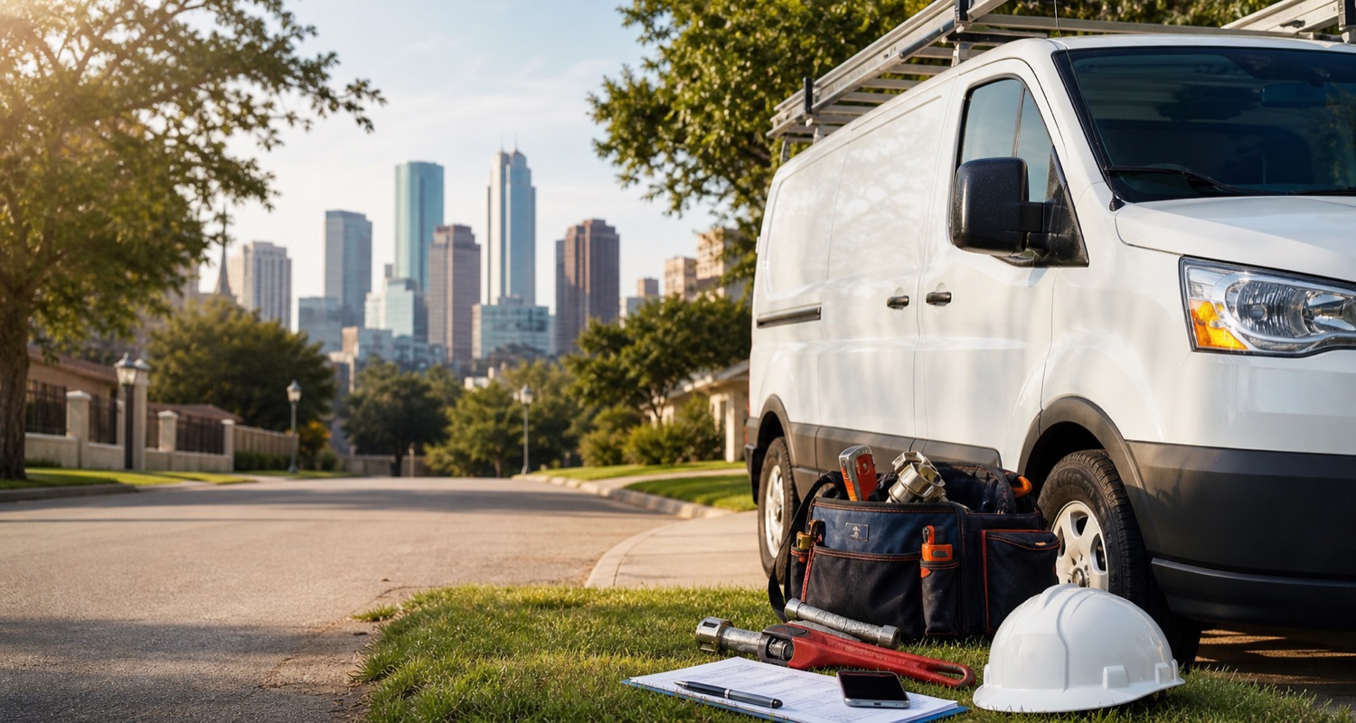 Houston service business lead generation scene with an unbranded service van, trade tools, and downtown Houston skyline